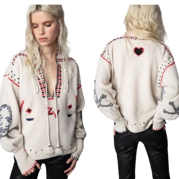 ZADIG & VOLTAIRE Amanda Embroidered Tied-neck Cashmere Jumper Sweater sz L - Picture 5 of 8